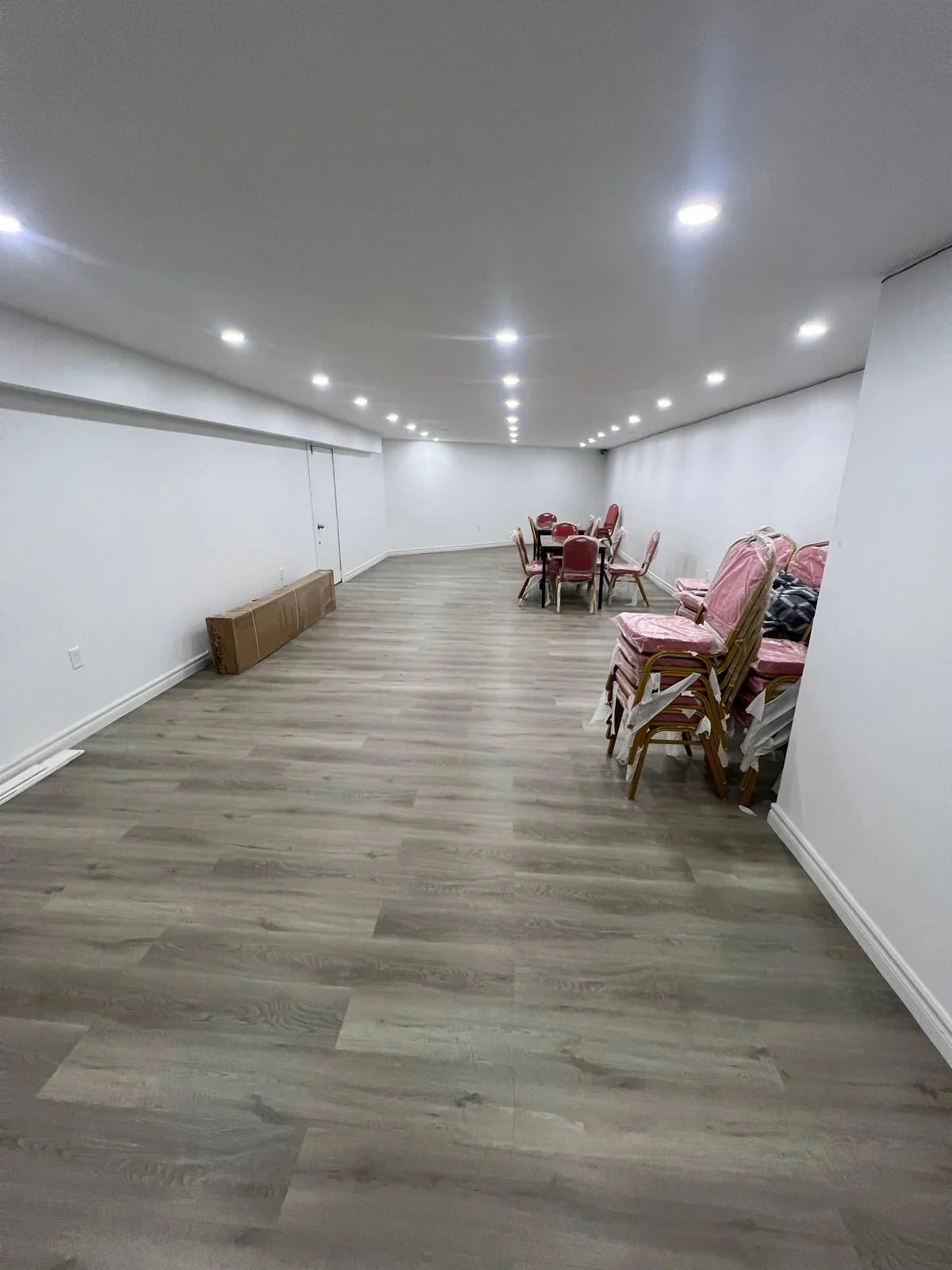Finished basement with wood-look vinyl plank flooring